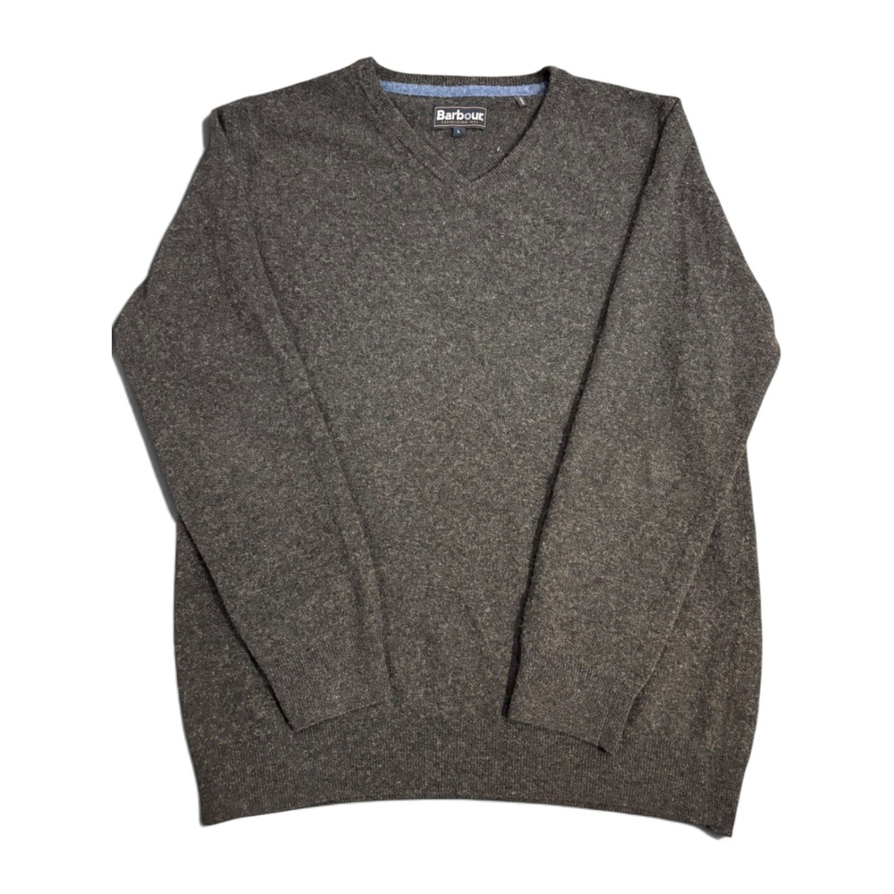 Barbour Mens V-Neck Wool Sweater Charcoal Grey Heather Logo L KN0341CH51